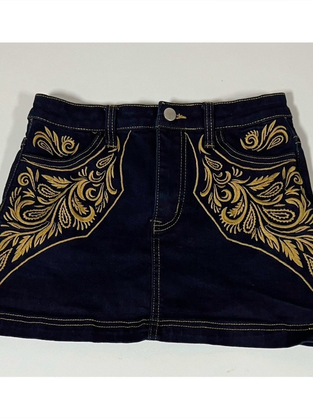 Poster Girl Western Embroidered Jean Denim Bodycon Mini Skirt Bottoms Size M 💙✨